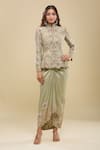 Buy_Anamika Khanna_Green Sequins, Embroidery Mandarin Collar Peplum Tunic And Draped Skirt Set _Online_at_Aza_Fashions