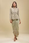 Buy_Anamika Khanna_Green Embroidery, Sequins Mandarin Collar Peplum Tunic And Draped Skirt Set _at_Aza_Fashions