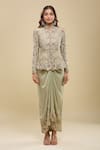 Shop_Anamika Khanna_Green Embroidery, Sequins Mandarin Collar Peplum Tunic And Draped Skirt Set _Online_at_Aza_Fashions
