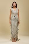Buy_Anamika Khanna_Beige Embroidery, Tassels V-neck Black Jacket And Draped Skirt Set _Online_at_Aza_Fashions