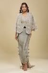Buy_Anamika Khanna_Beige Embroidery, Tassels V-neck Black Jacket And Draped Skirt Set _at_Aza_Fashions
