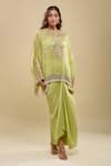 Anamika Khanna_Lime Embroidery, Fringe Round Neck Green Tunic And Draped Skirt Set _Online_at_Aza_Fashions