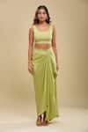 Buy_Anamika Khanna_Lime Embroidery, Fringe Round Neck Green Tunic And Draped Skirt Set _Online_at_Aza_Fashions