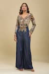 Buy_Anamika Khanna_Blue Embroidery V-neck Jacket And Flared Pant Set _at_Aza_Fashions