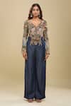 Shop_Anamika Khanna_Blue Embroidery V-neck Jacket And Flared Pant Set _Online_at_Aza_Fashions