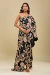 Shop_Anamika Khanna_Black Embroidery Asymmetric Floral Cape And Draped Skirt Set _at_Aza_Fashions