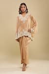 Buy_Anamika Khanna_Beige Embroidery V-, Round Tunic With Draped Skirt _at_Aza_Fashions