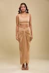 Shop_Anamika Khanna_Beige Embroidery V-, Round Tunic With Draped Skirt _Online_at_Aza_Fashions