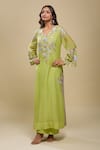 Buy_Anamika Khanna_Lime Sequins, Embroidery V-neck Green Kurta And Palazzo Set _Online_at_Aza_Fashions