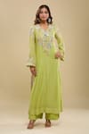 Anamika Khanna_Lime Embroidery V-neck Green Kurta And Palazzo Set _Online_at_Aza_Fashions