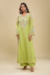 Buy_Anamika Khanna_Lime Embroidery V-neck Green Kurta And Palazzo Set _at_Aza_Fashions