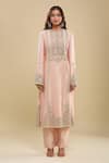 Shop_Anamika Khanna_Pink Embroidery Round Neck Kurta Pant Dupatta Set _Online_at_Aza_Fashions