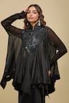 Anamika Khanna_Black Sequins Mandarin Collar, Round Neck Gathered Tunic And Draped Skirt Set _at_Aza_Fashions