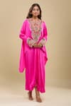 Buy_Anamika Khanna_Pink Embroidery Round Neck Bright Tunic And Skirt Set _at_Aza_Fashions