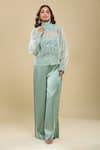 Buy_Anamika Khanna_Blue Satin Embroidery High Neck Pale Sheer Jacket And Pant Set _at_Aza_Fashions