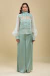 Buy_Anamika Khanna_Blue Satin Embroidery High Neck Pale Sheer Jacket And Pant Set _Online_at_Aza_Fashions