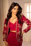 Shop_Aariyana Couture_Red Silk Organza, Satin, Lycra, Crepe Embroidery Open Jacket And Draped Skirt Set _Online