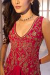 Aariyana Couture_Red Crepe Embroidery V-neck Hand Jacke And Draped Skirt Set 
