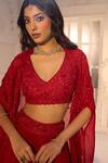Aariyana Couture_Red Tussar, Silk, Viscose, Organza Embroidery, Sequins V-neck, Cape Lehenga Set 