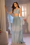 Shop_Aariyana Couture_Blue Net, Georgette Beads Ruched Shimmer Skirt Set With Ruffle Dupatta _at_Aza_Fashions