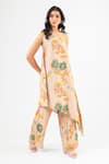 Amrood_Beige Silk Embroidery Asymmetric Floral Kurta And Flared Pant _Online_at_Aza_Fashions