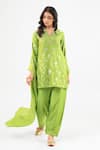 Buy_Amrood_Green Brocade Embroidery V-neck Pure Banarsi Kurta Set _at_Aza_Fashions