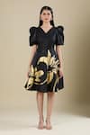 Naintara Bajaj_Black Cotton V-neck Floral Print Dress _at_Aza_Fashions