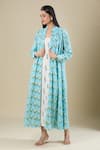 Shop_Naintara Bajaj_Cream Scoop Neck, Mandarin Collar Ikat Handloom Jacket And Dress Set _Online_at_Aza_Fashions