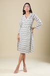 Buy_Naintara Bajaj_Cream V-neck Ikat Handloom Dress With Belt _at_Aza_Fashions