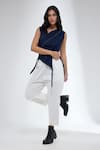 Krati Jain_Blue Denim Fringe Round Neck Dark Sleeveless Crop Top _Online_at_Aza_Fashions
