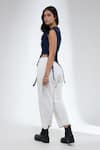 Shop_Krati Jain_Blue Denim Fringe Round Neck Dark Sleeveless Crop Top _at_Aza_Fashions