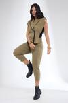 Buy_Krati Jain_Brown Denim V-neck Khaki Waistcoat And Ankle Length Pants _at_Aza_Fashions