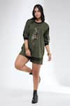 Shop_Krati Jain_Olive Green Cotton Round Neck Leopard Motif Top And Shorts Set _at_Aza_Fashions
