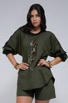 Krati Jain_Olive Green Cotton Round Neck Leopard Motif Top And Shorts Set _Online_at_Aza_Fashions