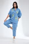 Buy_Krati Jain_Blue Denim Embroidery Collared Floral Print Shirt And Pant Set _at_Aza_Fashions