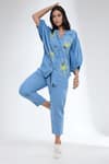 Buy_Krati Jain_Blue Denim Embroidery Collared Floral Print Shirt And Pant Set _Online_at_Aza_Fashions