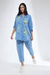 Shop_Krati Jain_Blue Denim Embroidery Collared Floral Print Shirt And Pant Set _Online_at_Aza_Fashions