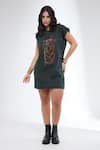Buy_Krati Jain_Green Denim Embroidery Round Neck Teal Anti-fit Dress _at_Aza_Fashions