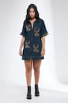 Buy_Krati Jain_Teal Denim Studs Collared Zip Shift Dress _at_Aza_Fashions
