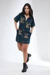 Krati Jain_Teal Denim Studs Collared Zip Shift Dress _Online_at_Aza_Fashions