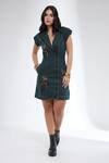 Buy_Krati Jain_Teal Denim Embroidery V-neck Jacket Style Dress _at_Aza_Fashions