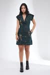 Krati Jain_Teal Denim Embroidery V-neck Jacket Style Dress _Online_at_Aza_Fashions