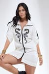 Shop_Krati Jain_Off White Denim Embroidery Collared Dragon Motif Shift Dress _Online_at_Aza_Fashions