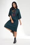 Buy_Krati Jain_Green Cotton Embroidery Round Neck Teal Floral Mid Calf Tunic _at_Aza_Fashions