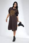 Shop_Krati Jain_Brown Cotton Crew Neck Tiger Motif Blend Tunic _at_Aza_Fashions
