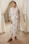 Buy_Rekha Agra_White Chanderi Silk, Cotton Embroidery Round Neck Floral Kurta Set _at_Aza_Fashions
