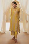 Buy_Rekha Agra_Yellow Chanderi, Silk, Cotton Embroidery Collared Hand Block Printed Kurta Set _at_Aza_Fashions