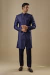 Buy_Spring Break_Navy Dupion, Silk, Cotton Embroidery Blue Geometric Sherwani Set _at_Aza_Fashions