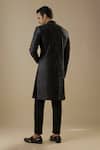 Shop_Spring Break_Black Dupion, Silk, Cotton Embroidery Geometric Sherwani Set _at_Aza_Fashions