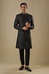 Buy_Spring Break_Black Dupion, Silk, Cotton Embroidery Geometric Sherwani Set _at_Aza_Fashions